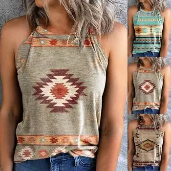 Женская мода без рукавов с этническим принтом и круглым вырезом, повседневная майка XL небесно-голубой