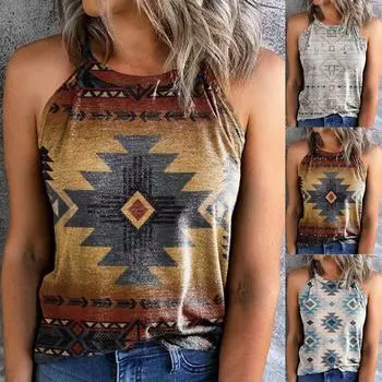 Женская мода без рукавов с этническим принтом и круглым вырезом, повседневная майка S синий