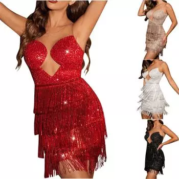 Женская мода без рукавов с блестками однотонное платье вечернее платье вечерние платья L чёрный