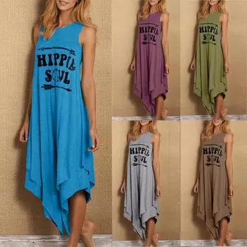 Женская мода без рукавов с буквенным принтом нерегулярное длинное платье в стиле бохо XXL серый