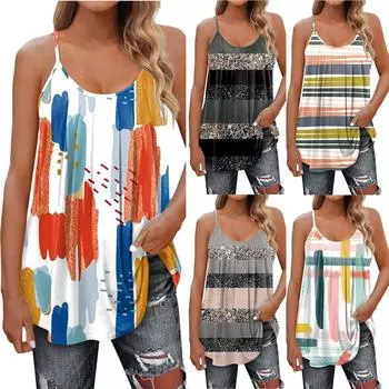 Женская мода без рукавов с принтом, футболка, блузка, подтяжки с круглым вырезом, топы XXL чёрный