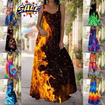 Женская мода без рукавов Свинг Длинное платье-слинг Boho Tie Dye 3D Печатные платья макси Повседневные летние платья на бретельках Плюс размер S чёрный