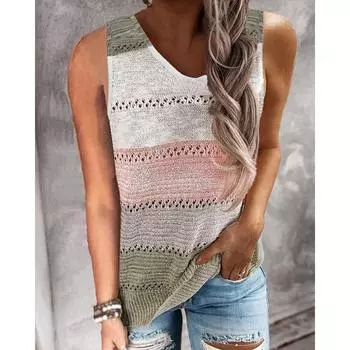 Женская мода без рукавов топы повседневные пэчворк V-образный вырез майка дамы свитер футболки M