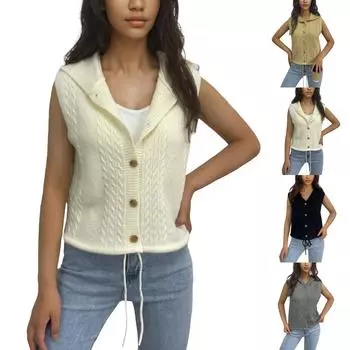 Женская мода без рукавов трикотаж косы капюшон жилет кардиган L чёрный