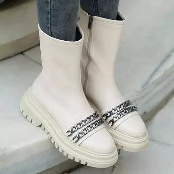 Женская мода Бежевые женские сапоги с цепочкой