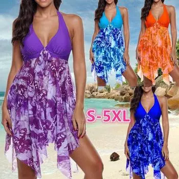 Женская мода Бикини с принтом из двух частей Купальник с лямкой на шее и асимметричным подолом S красный