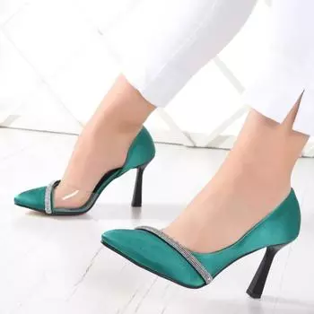 Женская мода блестящие зеленые атласные прозрачные туфли на шпильках с камнями вечерние модельные туфли