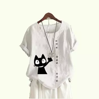 Женская мода блузка с коротким рукавом с принтом кошки, летняя повседневная пуловер с круглым воротником, свободная хлопковая льняная футболка S белый