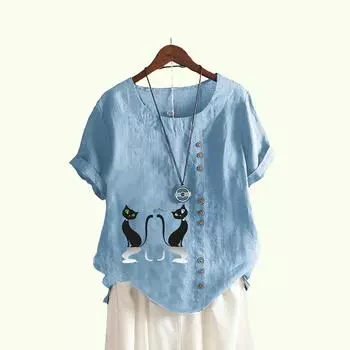 Женская мода блузка с коротким рукавом с принтом кошки, летняя повседневная пуловер с круглым воротником, свободная хлопковая льняная футболка S белый