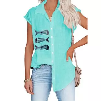 Женская мода блузка с воротником-лацканами весна-лето повседневный топ без рукавов с принтом плюс размер тонкая рубашка на пуговицах S белый