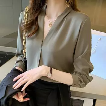 Женская мода блузки рубашки с длинным рукавом V-образный вырез офисная женская белая шифоновая блузка рубашка женские топы J754 S синий