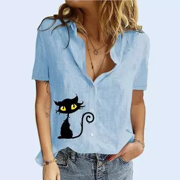 Женская мода блузки с лацканами и воротником лето и осень футболка с короткими рукавами и принтом кота женский хлопковый льняной кардиган футболка S белый