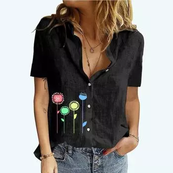 Женская мода блузки с лацканами и воротником, летняя футболка с короткими рукавами и принтом, женская хлопково-льняная футболка-кардиган S белый
