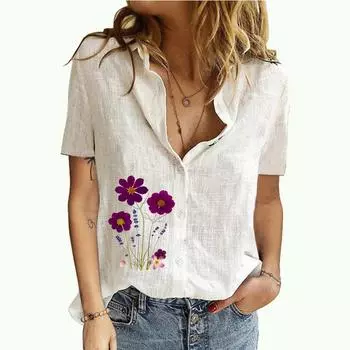 Женская мода блузки с лацканами и вырезом на лето и осень с цветочным принтом и коротким рукавом футболка женский хлопковый льняной кардиган футболка S белый