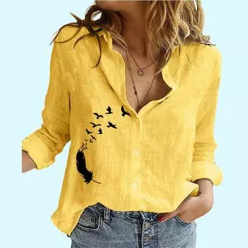Женская мода блузки с принтом перьев, женская повседневная льняная рубашка с лацканами и длинными рукавами, летняя и осенняя свободная рубашка на пуговицах S белый