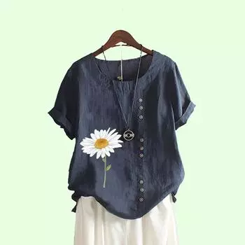 Женская мода блузки с принтом Повседневная футболка с коротким рукавом Летняя свободная рубашка с круглым воротником большого размера S коричневый