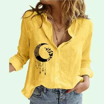 Женская мода блузки с принтом, женская повседневная льняная рубашка с воротником с лацканами и длинными рукавами, летняя и осенняя свободная рубашка на пуговицах S белый