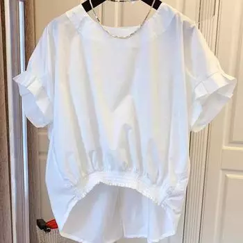 Женская мода блузки с присборенным подолом, летние, с круглым вырезом, с коротким рукавом, повседневные, Blusas Mujer, стильные, с разрезом сзади, однотонные рубашки, топы XXXL белый