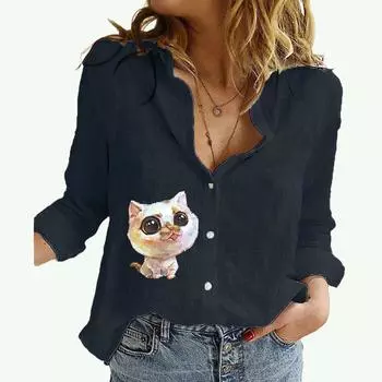 Женская мода блузки с воротником с лацканами весна и осень повседневный кардиган с длинными рукавами льняная рубашка Laides принт топ с длинными рукавами S белый