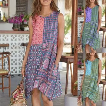 Женская мода богемная юбка до колена с цветочным принтом свободное платье L синий