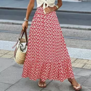 Женская мода, богемная юбка с эластичной резинкой на талии, свободная повседневная юбка с высокой талией и большим подолом S красный
