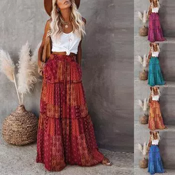 Женская мода, богемная юбка с эластичной резинкой на талии, свободная повседневная длинная юбка с завязками и высокой талией XL темно-синий