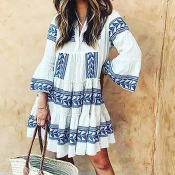 Женская мода богемное платье-юбка с v-образным вырезом и рюшами и длинными рукавами L синий