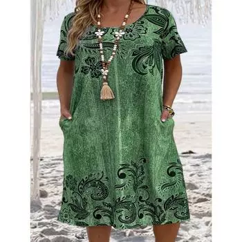 Женская мода больших размеров на лето и весну с принтом и коротким рукавом с круглым вырезом и свободной талией, повседневные платья XL зелёный