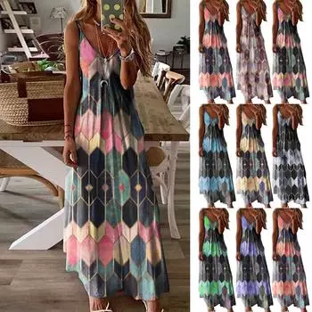 Женская мода больших размеров, повседневное длинное платье без рукавов с v-образным вырезом и принтом на бретелях L серый