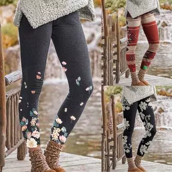 Женская мода больших размеров, повседневные брюки с цветочным принтом и высокой талией, эластичные повседневные брюки, леггинсы M чёрный