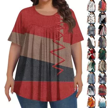 Женская мода больших размеров, повседневный, с короткими рукавами, винтажный, с цветными блоками, с принтом пэчворк, с круглым вырезом спереди, со складками L синий