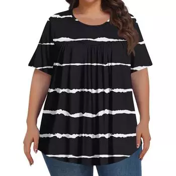 Женская мода больших размеров, повседневный топ с короткими рукавами, геометрическим полосатым принтом, круглым вырезом спереди и складками L чёрный