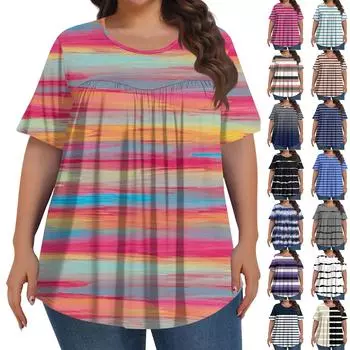 Женская мода больших размеров, повседневный топ с короткими рукавами, геометрическим полосатым принтом, круглым вырезом спереди и складками L чёрный