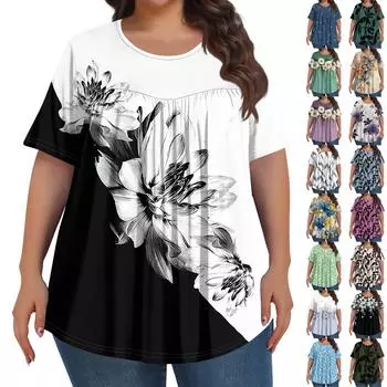 Женская мода больших размеров, повседневный топ с короткими рукавами, винтажным цветочным принтом, круглым вырезом и складками спереди L армия зеленый