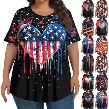 Женская мода больших размеров, повседневный топ с короткими рукавами и принтом «День независимости», с круглым вырезом и складками спереди XXXXL винный