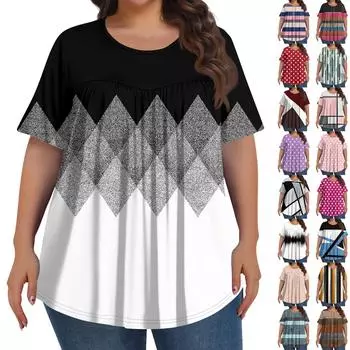 Женская мода больших размеров, повседневный топ с короткими рукавами, геометрическим узором в полоску и принтом в горошек, круглым вырезом спереди, складками XXXL синий