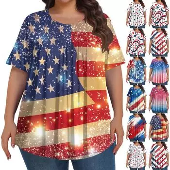 Женская мода больших размеров, повседневный топ с короткими рукавами и принтом «День независимости», с круглым вырезом и складками спереди XXL