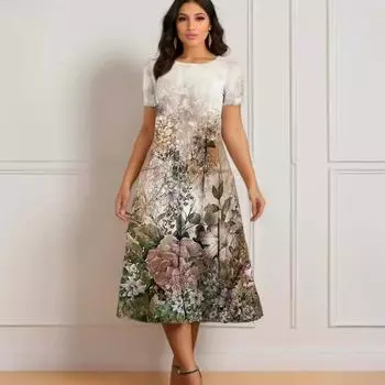 Женская мода больших размеров весна-лето с цветочным принтом и короткими рукавами платья 5XL белый