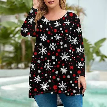 Женская мода большого размера с круглым вырезом и длинным рукавом, повседневный свободный пуловер с рождественским принтом L чёрный