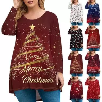 Женская мода большого размера с круглым вырезом и длинным рукавом, повседневный свободный пуловер с рождественским принтом L