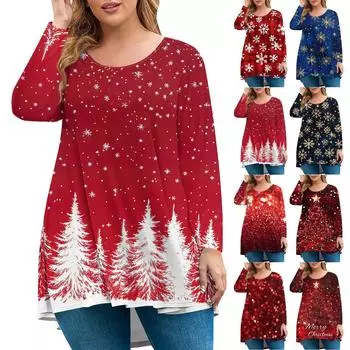 Женская мода большого размера с круглым вырезом и длинным рукавом, повседневный свободный пуловер с рождественским принтом XL