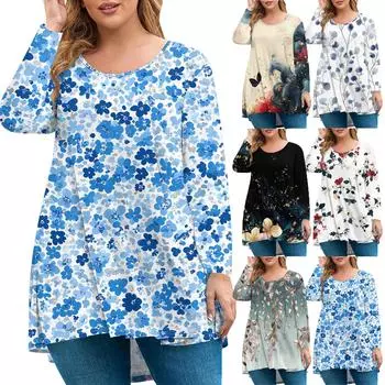 Женская мода большого размера с круглым вырезом и длинным рукавом, повседневный свободный пуловер с принтом XXXXXL циан