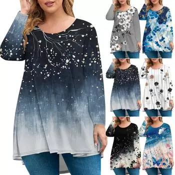 Женская мода большого размера с круглым вырезом и длинным рукавом, повседневный свободный пуловер с принтом XL синий