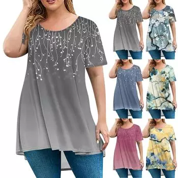 Женская мода большого размера с круглым вырезом и коротким рукавом, повседневный свободный пуловер с принтом L циан