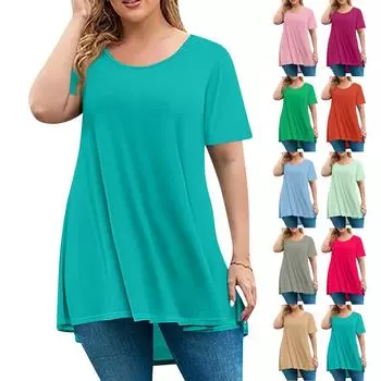 Женская мода большого размера с круглым вырезом и коротким рукавом, повседневный однотонный свободный пуловер L циан