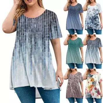 Женская мода большого размера с круглым вырезом и коротким рукавом, повседневный свободный пуловер с принтом L синий