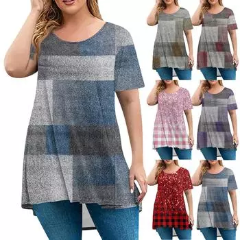 Женская мода большого размера с круглым вырезом и коротким рукавом, повседневный свободный пуловер с принтом L синий