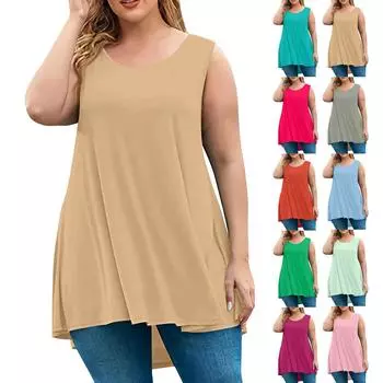 Женская мода большого размера с круглым вырезом без рукавов повседневный однотонный свободный пуловер топ L циан
