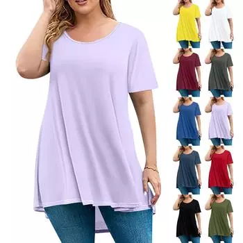 Женская мода большого размера с круглым вырезом и коротким рукавом, повседневный однотонный свободный пуловер L армия зеленый