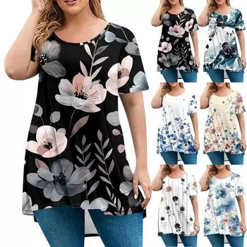 Женская мода большого размера с круглым вырезом и коротким рукавом, повседневный свободный пуловер с принтом L чёрный